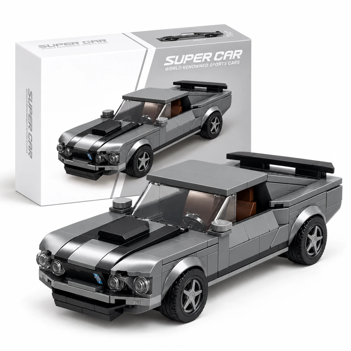 Sealed retail box beside the completed dark grey 1969 Mustang Mach 1 compatible brick model.