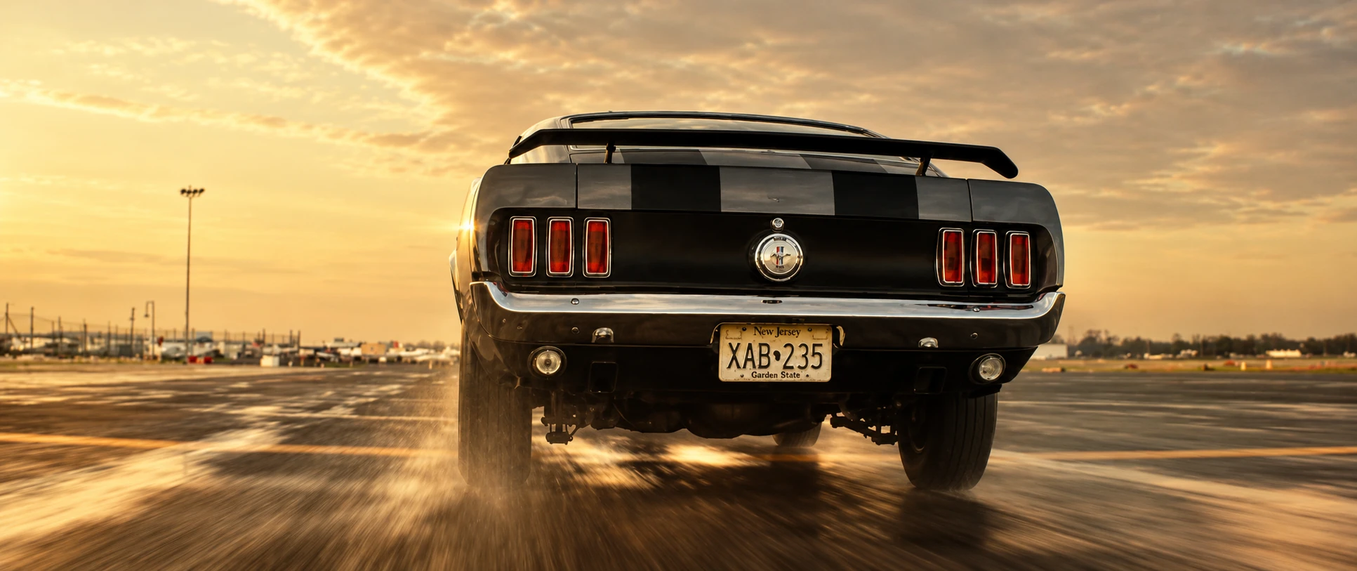 Low rear tracking view of a dark grey 1969 Ford Mustang Mach 1 on an airfield runway.