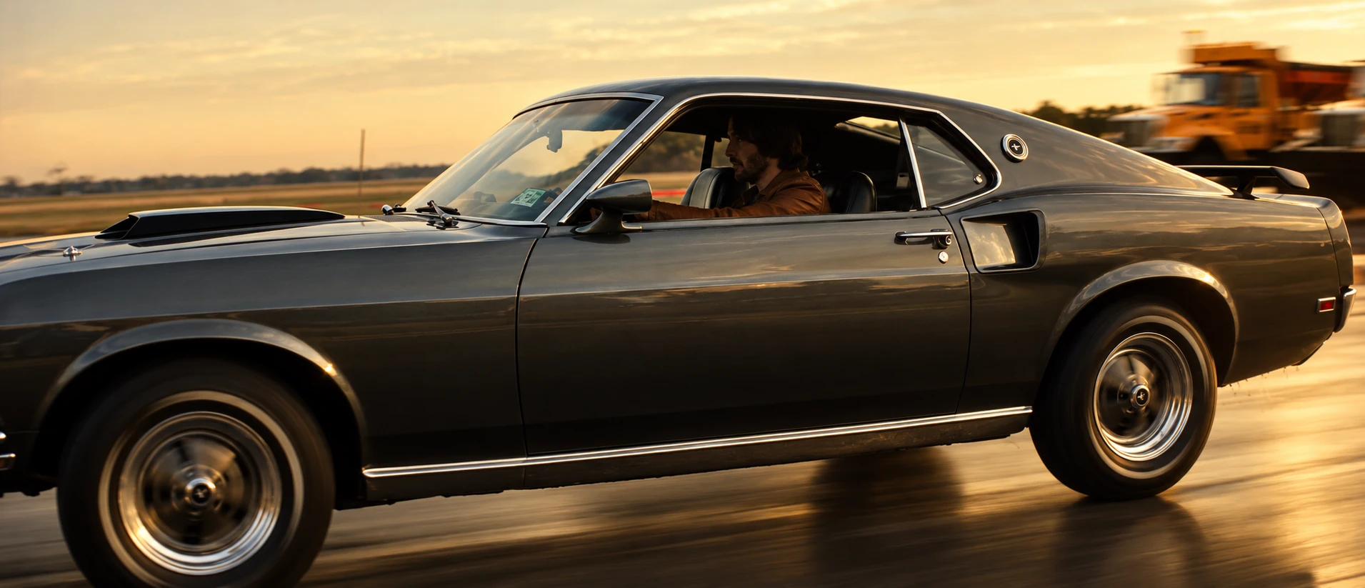 Dark grey 1969 Ford Mustang Mach 1 inspired by John Wick's car driving at speed.