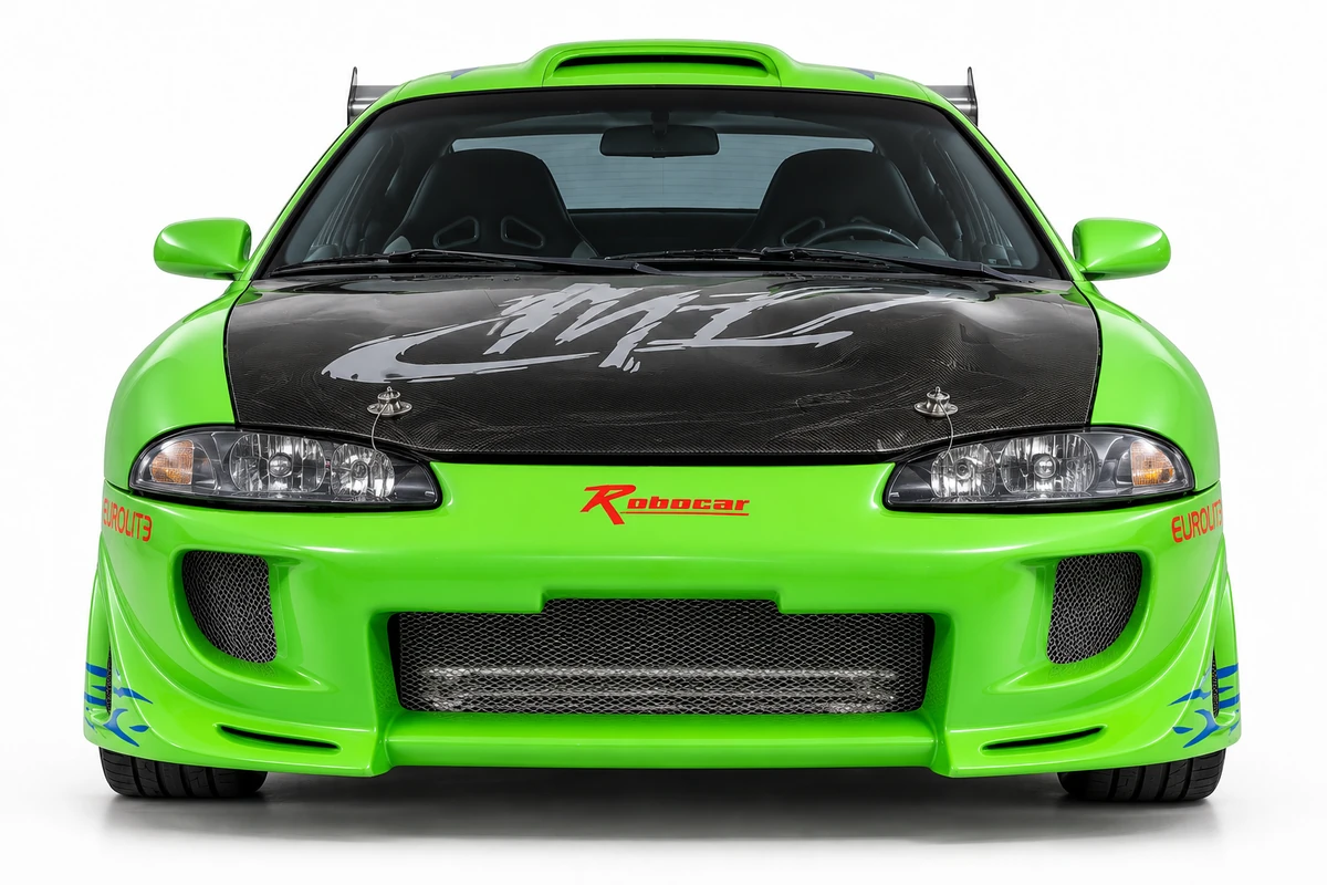 Studio shot of the lime green Mitsubishi Eclipse front bumper and hood.
