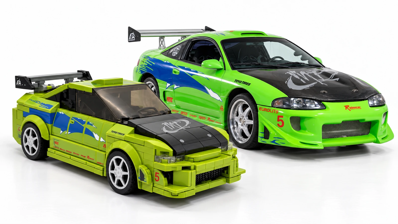 Comparison view of the real green Mitsubishi Eclipse next to the 8-stud wide custom brick model replica.