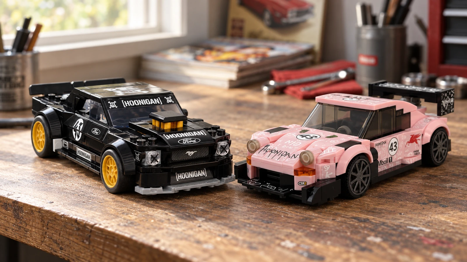 BRICKORA LEGO-compatible Hoonipigasus model displayed side by side on a workbench with the official LEGO Speed Champions Hoonicorn Mustang.