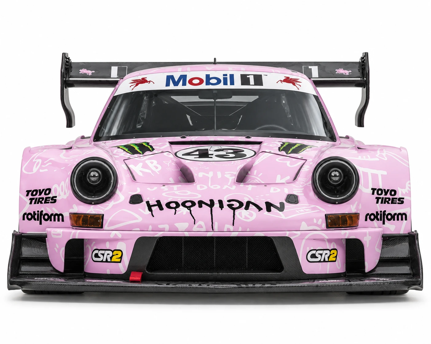 Front head-on studio shot of the pink 1,400hp Hoonipigasus Porsche race car showing its wide front splitter and aggressive aero.