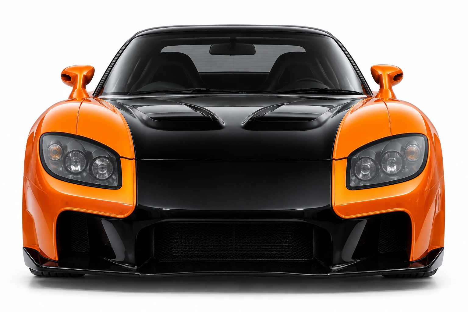 Front studio view of the real orange-and-black Mazda RX-7 VeilSide Fortune.