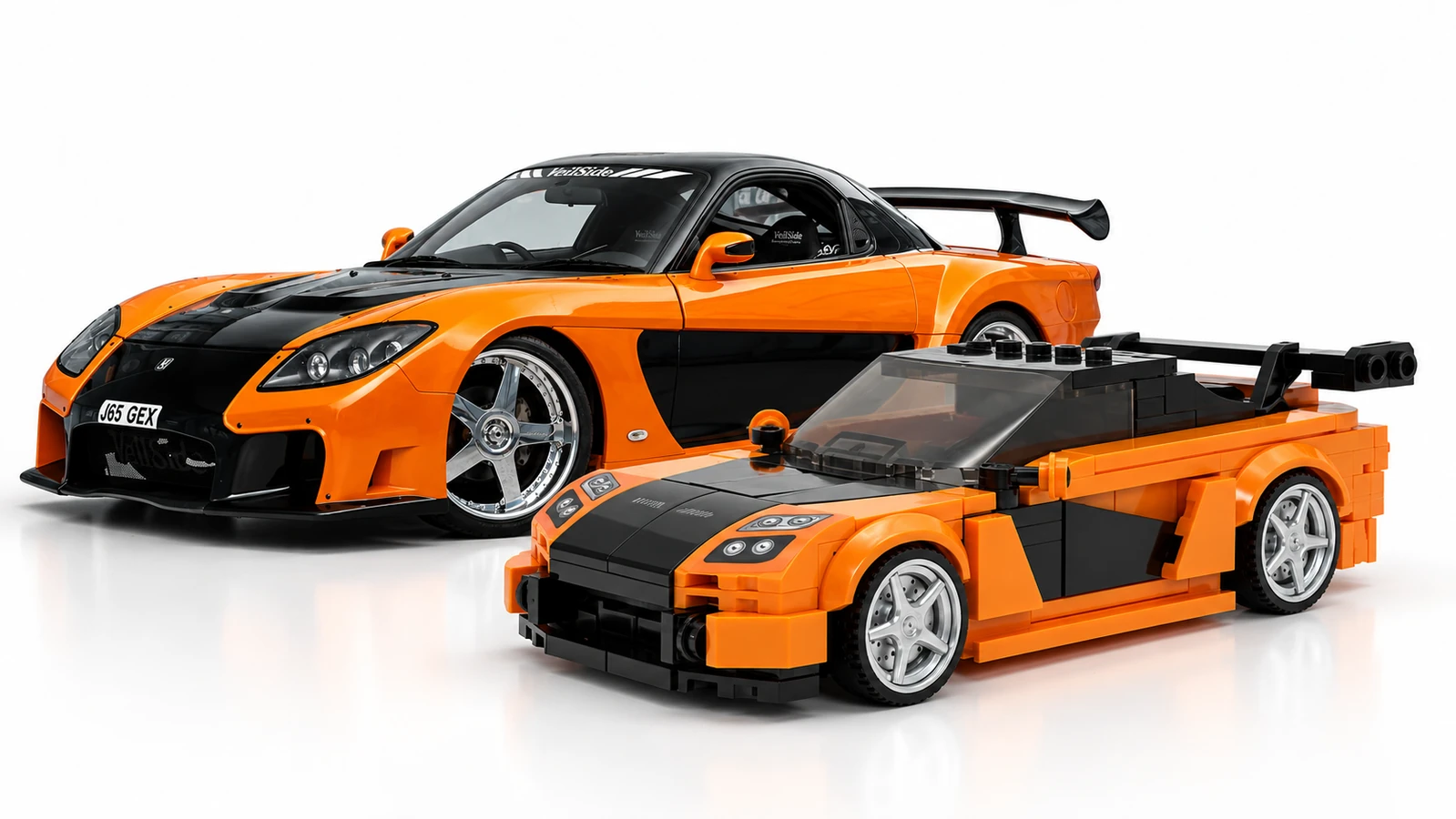 The real orange Mazda RX-7 VeilSide Fortune displayed beside its compatible Speed Champions-style brick model.