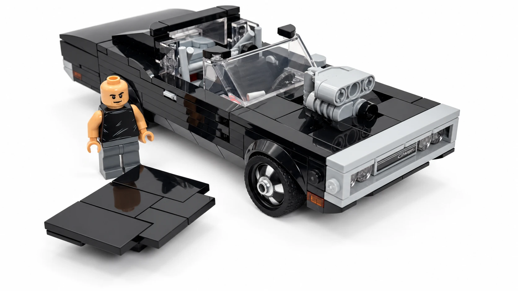 Black Dodge Charger brick display model presented with its minifigure