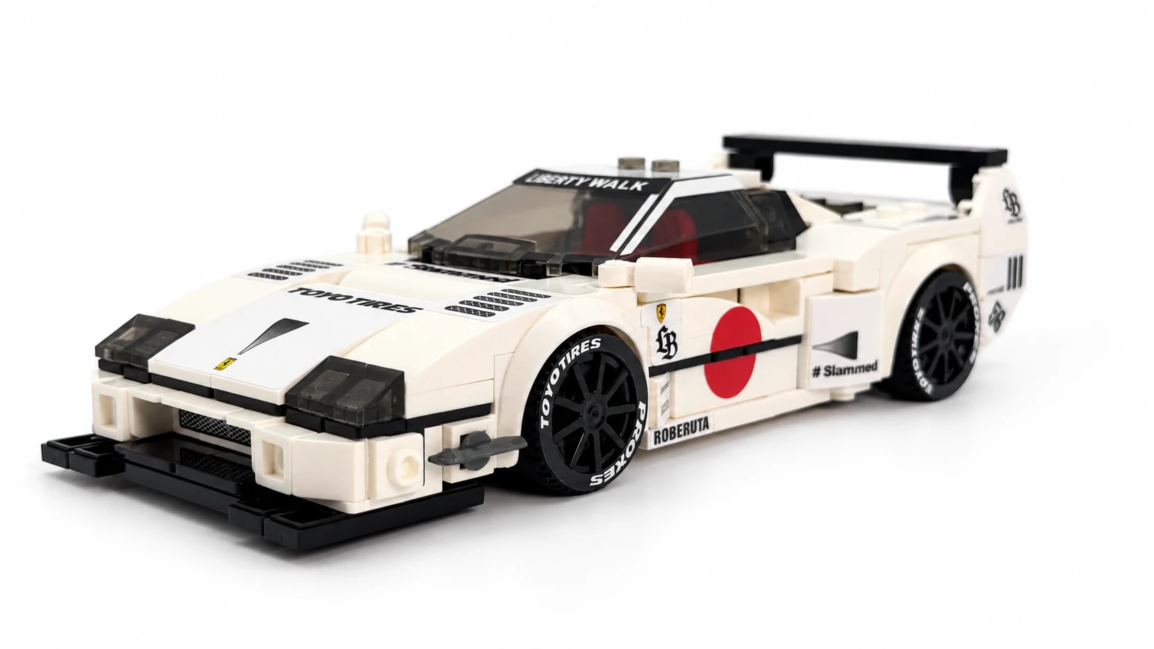 Compatible white brick-built display car built by Brickora