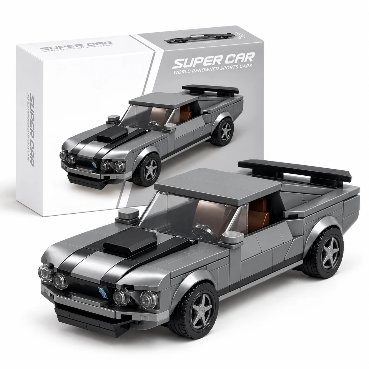 Compatible grey brick-built car shown with its product box