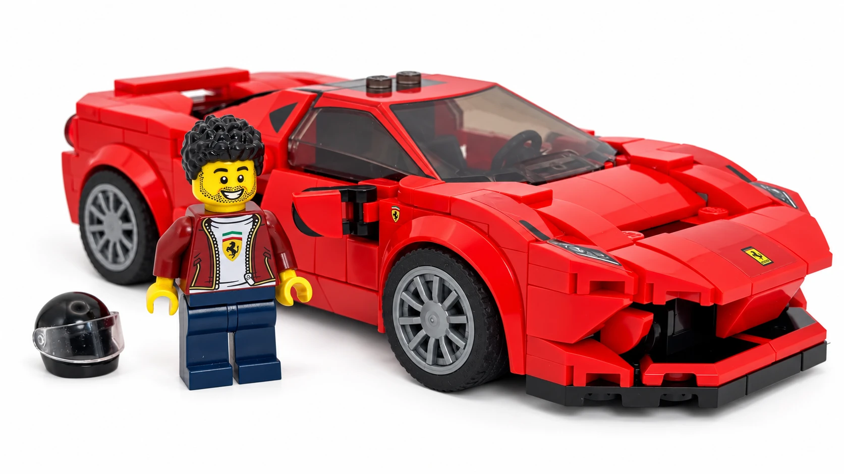 Red official LEGO Ferrari model and driver minifigure