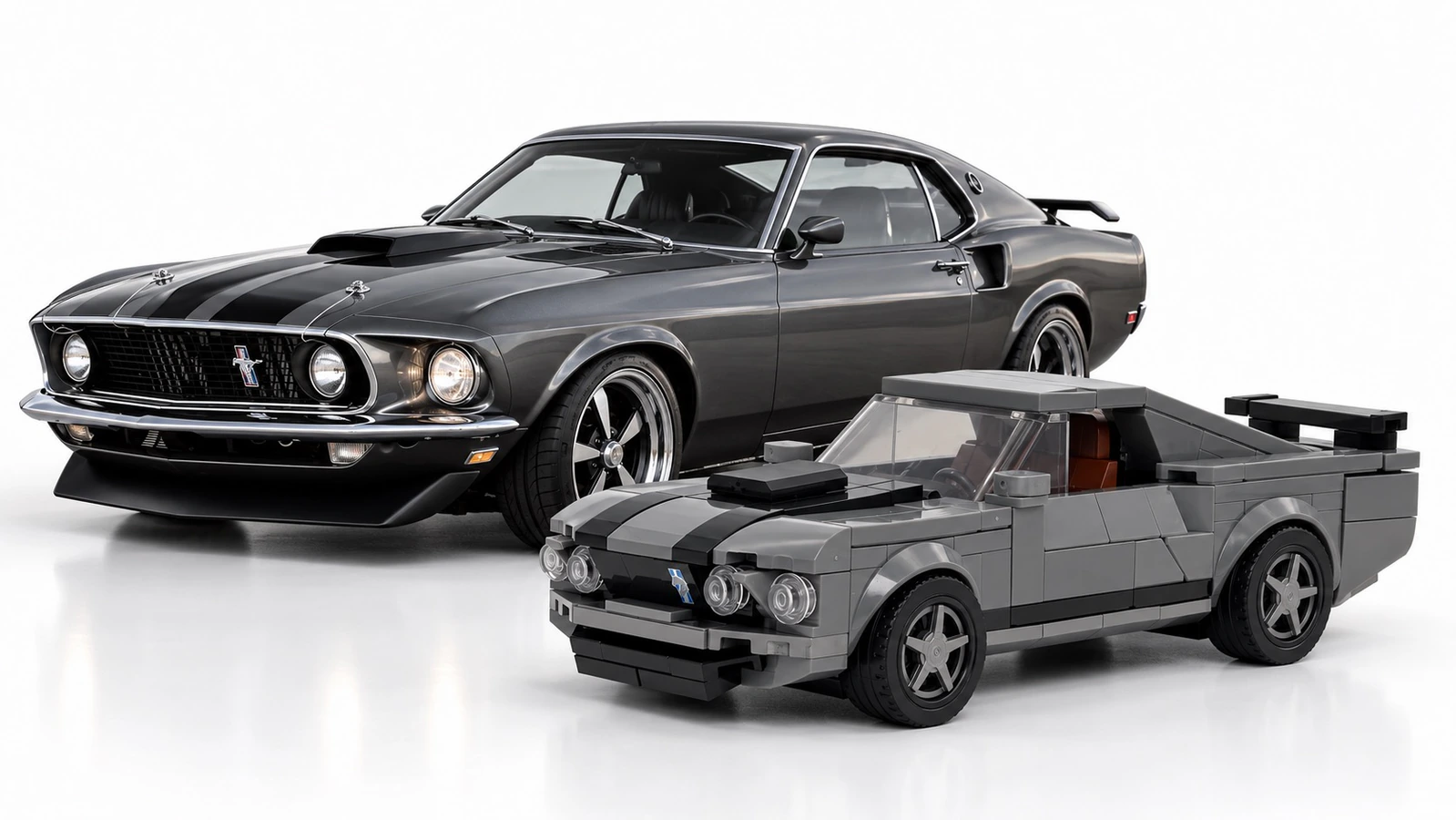 John Wick-inspired dark grey 1969 Mustang Mach 1 compatible brick model.