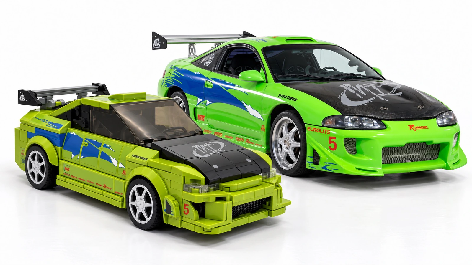 Comparison view of the real green Mitsubishi Eclipse next to the 8-stud wide custom brick model replica.