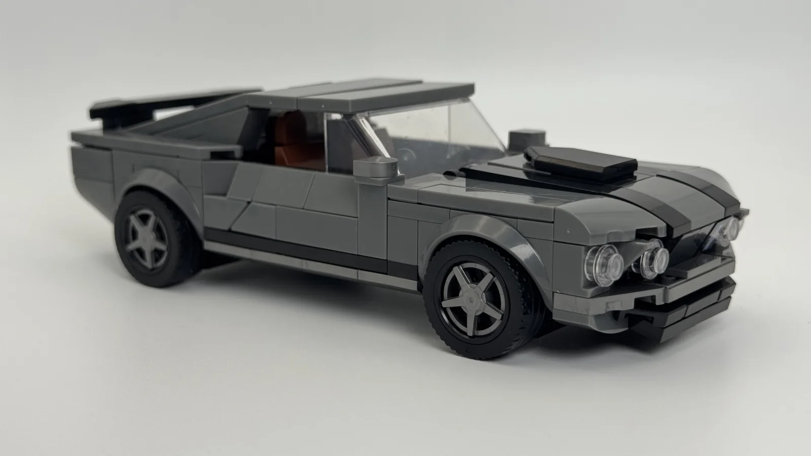 Front three-quarter view of the grey 1969 Ford Mustang Mach 1 compatible brick model.